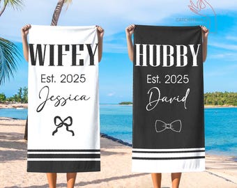 Wifey and Hubby Beach Towel, His and Her Newlywed Gift, Personalized Wedding Gift, Mr. And Mrs. Beach Towel, Just Married Gift, Couple Towel