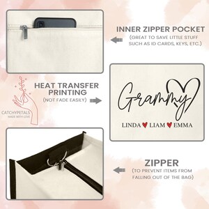 May include: Cream-colored tote bag with black accents and a zipper closure. Features a heat transfer printed design with the word "Grammy" and the names Linda, Liam, and Emma. Includes an inner zipper pocket and the text "CatchyPetals Made with Love."