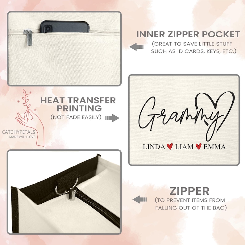 May include: Cream-colored tote bag with black accents and a zipper closure. Features a heat transfer printed design with the word "Grammy" and the names Linda, Liam, and Emma. Includes an inner zipper pocket and the text "CatchyPetals Made with Love."