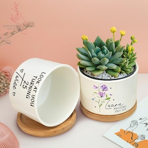 May include: Two white ceramic planters with wooden saucers. One planter contains a succulent with yellow flowers. The other planter has the text "Look at you turning 25 twice". The second planter is empty.