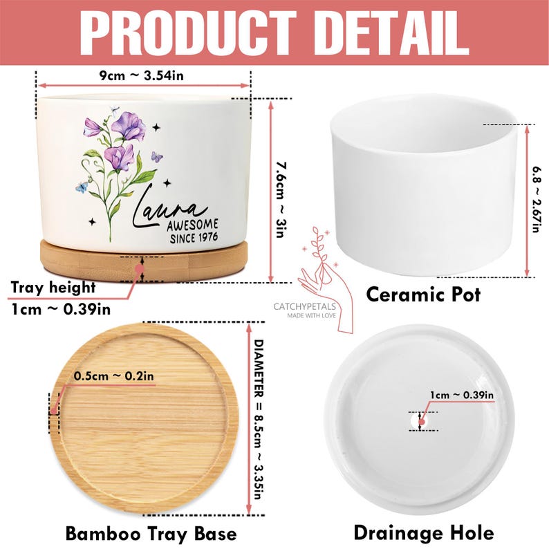 May include: A white ceramic pot with a floral design and the name "Laura". The pot is 3 inches tall and 3.54 inches wide, sitting on a bamboo tray base. The set includes a drainage hole and a separate ceramic pot.