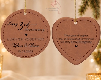 Personalized 3rd Anniversary Gift, Leather Anniversary Ornament, Anniversary Gift, Three Year Anniversary Ceramic Ornament, Gift for Husband