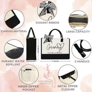 May include: A black and white tote bag with the word "Grammy" and names printed on the front. The bag has an elegant ribbon, two handles, and a metal zipper closure. It measures 17 inches wide and 13 inches high.