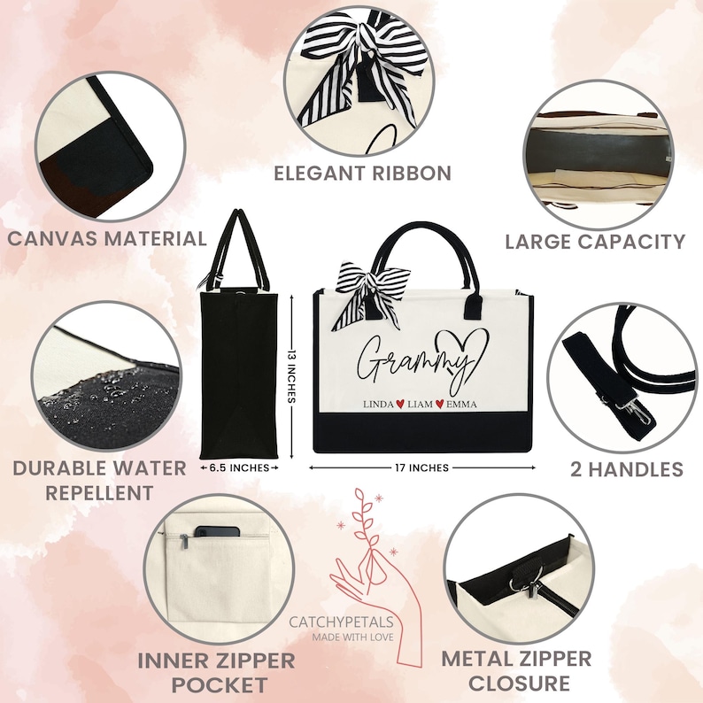 May include: A black and white tote bag with the word "Grammy" and names printed on the front. The bag has an elegant ribbon, two handles, and a metal zipper closure. It measures 17 inches wide and 13 inches high.