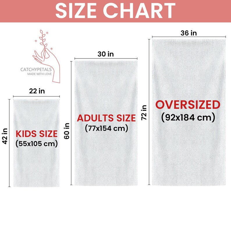 Pu&ograve; includere: Tabella delle taglie per asciugamani in tre misure: Bambini (55x105 cm), Adulti (77x154 cm) e Oversize (92x184 cm). La tabella mostra le dimensioni in pollici e centimetri.