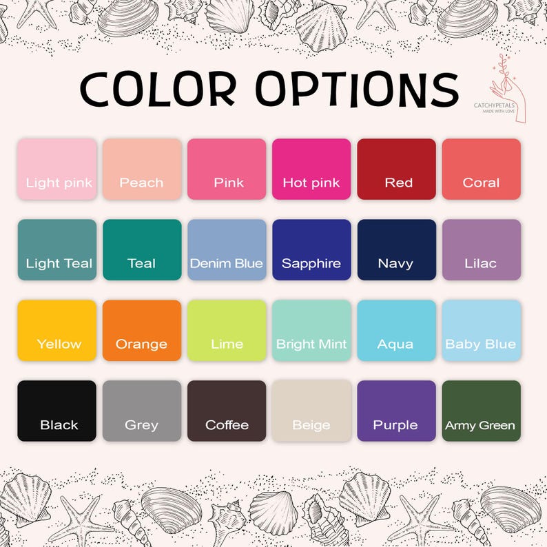 Pu&ograve; includere: Tavolozza di colori con 24 diversi campioni di colore. I colori sono disposti in quattro file di sei colori ciascuna. I colori includono rosa chiaro, pesca, rosa, rosa acceso, rosso, corallo, azzurro turchese, turchese, blu denim, zaffiro, blu navy, lilla, giallo, arancione, lime, verde menta, acqua, azzurro, nero, grigio, caff&egrave;, beige, viola e verde militare.
