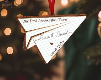 Paper Airplane Christmas Wooden Ornament, One Year Anniversary Gift, Couple Gifts, Anniversary Gift With Airplane, Gift For Husband, Wife