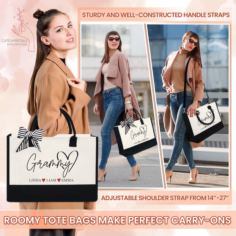May include: Cream-colored tote bag with black accents, featuring the word "Grammy" in script, a heart, and names. The bag has sturdy handles and a black and white bow. Adjustable shoulder strap from 14"-27".