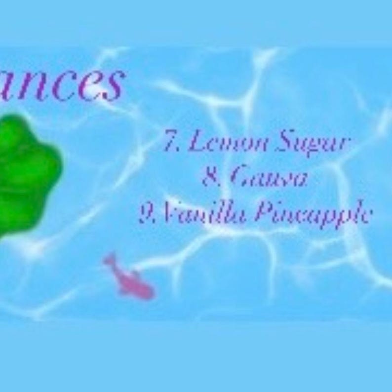 May include: A blue and white background with a green leaf and a pink fish. The text "7. Lemon Sugar & Cream" and "9. Vanilla Pineapple" is written in purple.