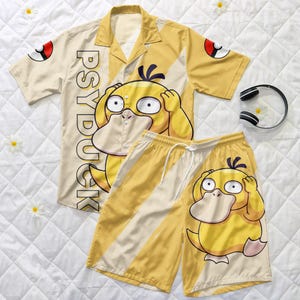 Psyduck Hawaiian Shirt, Summer Beach Shorts, Funny Cartoon Matching Outfit, Cute Button Up Shirt, Psyduck Shirt Gift