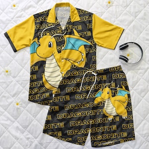 Dragonite Hawaiian Shirt - Funny Button Up Shirt - Summer Beach Shorts Set - Kawaii Dragonite Outfit - Dragonite Shirt Gift