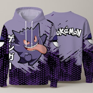 Gengar Hoodie, Cute Ghost Type Sweatshirt, Kawaii Anime Pullover, Funny Gengar Shirt Gift