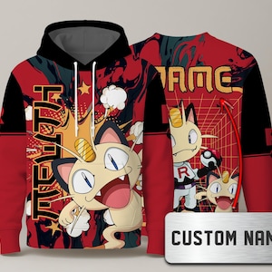 Meowth Hoodie, Custom Name Sweatshirt, Galarian Meowth Pullover, Cute Kawaii Hoodie, Unisex Crewneck Graphic Hoodie, Meowth Shirt Gift