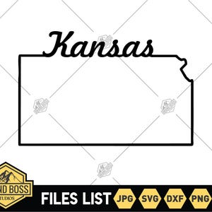 Archivos SVG de contorno de Kansas con texto / Imágenes prediseñadas de mapa de Kansas / Archivos de corte de Kansas / Archivos vectoriales de Estados Unidos / Vector de Kansas / Png