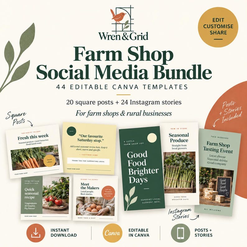 Farm Shop Social Media Canva Bundle | 44 Editable Instagram Posts ...