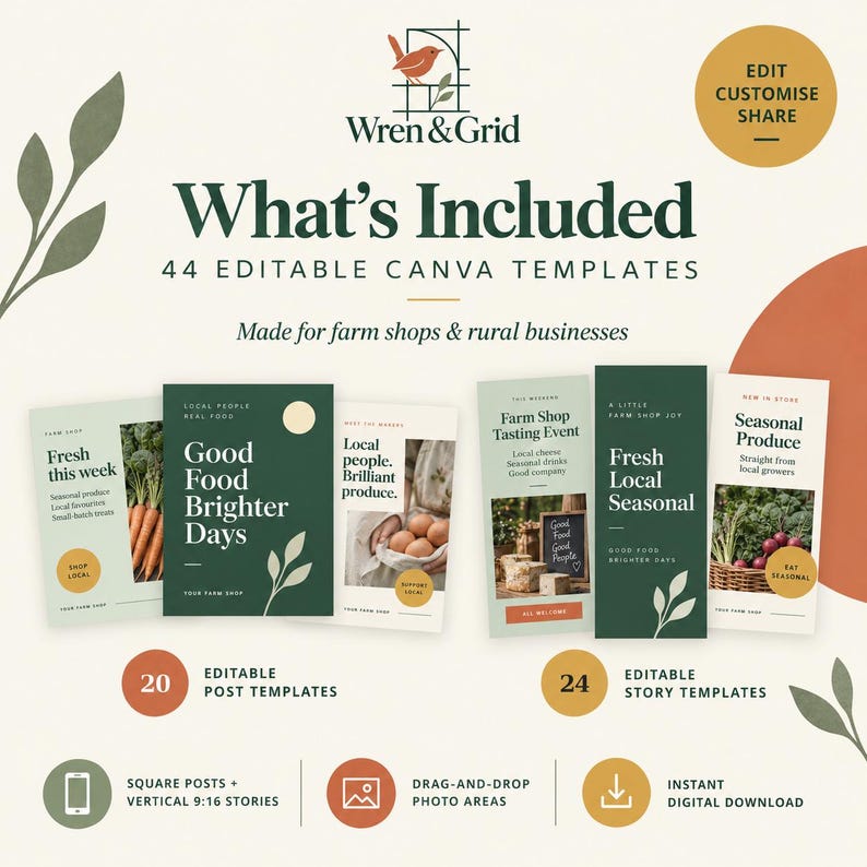 Farm Shop Social Media Canva Bundle | 44 Editable Instagram Posts ...