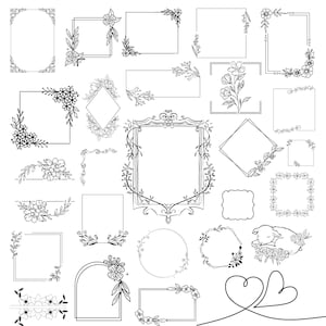 May include: A collection of black and white floral frames and borders in various shapes, including rectangles, squares, and circles. Some frames feature intricate corner designs, while others have floral accents along the edges.