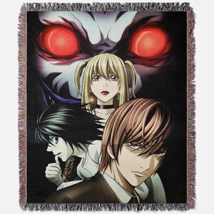 Jeté de couverture Death Note Anime - tapisserie murale tissée et art au sol + porte-clés GRATUIT | Décoration de chambre Otaku | Cadeau pour lui, ses fans, les collectionneurs