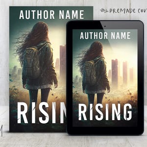 May include: Book cover design featuring a person with long hair and a backpack, standing in front of a cityscape. The title "RISING" is prominently displayed, with "AUTHOR NAME" at the top. A tablet displays the same design.