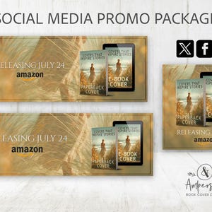 May include: Social media promo package featuring a book cover design. The design includes a paperback cover and an e-book cover, both with the text "COVERS THAT INSPIRE STORIES". The release date is July 24 on Amazon.