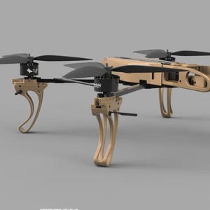 Puede incluir: Un dron beige y negro con cuatro hélices. El dron tiene un diseño elegante con patas curvas y motores negros. Las hélices son negras e inclinadas. El dron está sobre un fondo gris.