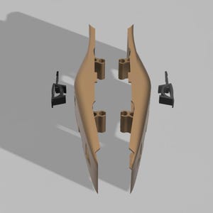 Puede incluir: Vista cenital de una representación 3D. Dos piezas curvas de color beige con conectores marrones y dos clips negros sobre un fondo gris claro. El diseño sugiere un elemento mecánico o arquitectónico.