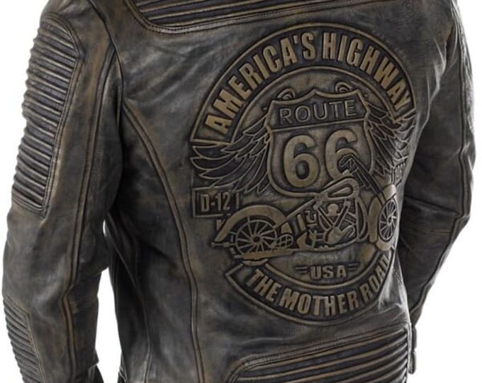 Leather Jacket Men, Motorcycle Biker Leather Jacket, Vintage Route 66 Embossing, Distressed Black Sheep Closed Zipper  Leather Jacket