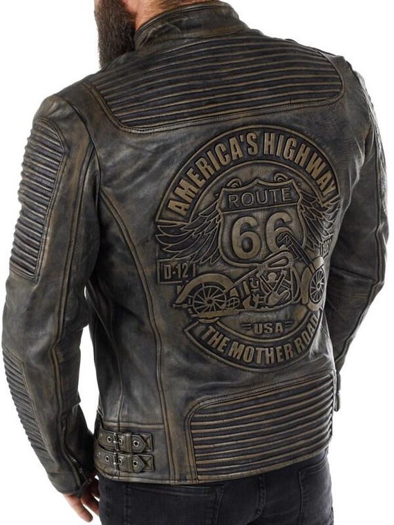 Leather Jacket Men, Motorcycle Biker Leather Jacket, Vintage Route 66 Embossing, Distressed Black Sheep Closed Zipper  Leather Jacket