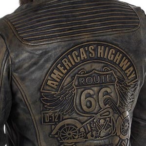 Kurtka skórzana męska, skórzana kurtka motocyklowa, tłoczenie Vintage Route 66, zniszczona czarna owca, zapinana na zamek błyskawiczny zdjęcie 9