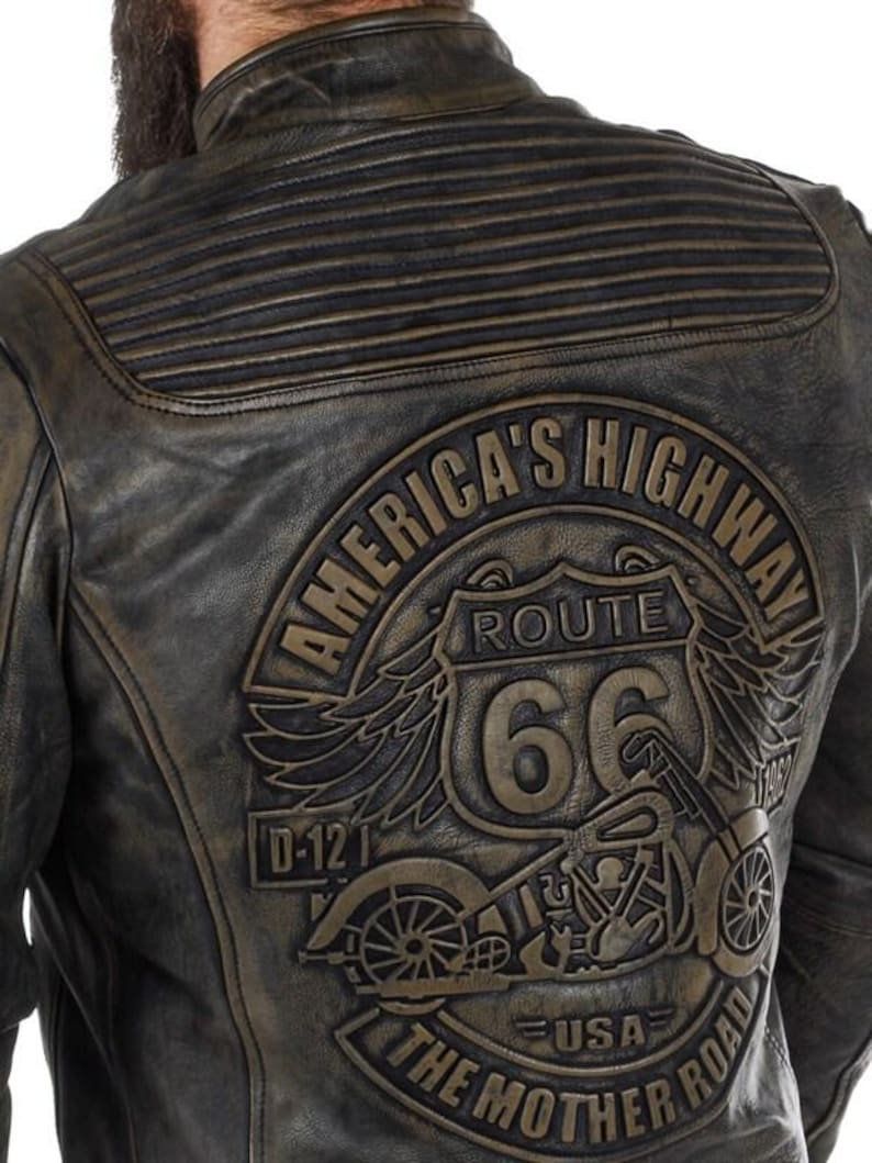 Kurtka skórzana męska, skórzana kurtka motocyklowa, tłoczenie Vintage Route 66, zniszczona czarna owca, zapinana na zamek błyskawiczny zdjęcie 9
