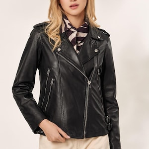 Women’s Black Leather Biker Jacket – Slim Fit Moto Coat | Real Sheep hide Motorcycle Jacket | Handmade Spring Fall Fashion, Gift for Her