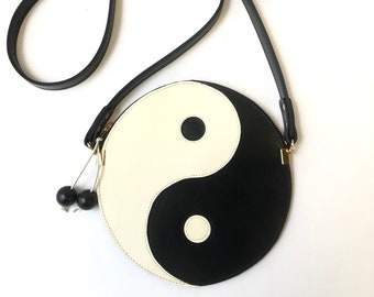 Yinyang leather circle bag, round flat crossbody purse