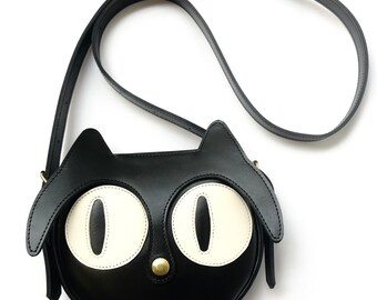 Cat leather crossbody bag Black, Cute gift for her