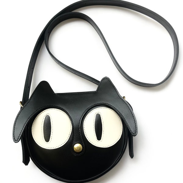 Sac en cuir Chat noir, Sac noir, fait a main, chat noir, animaux, sac de chat