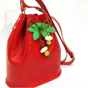 Strawberry red leather bucket bag, La Lisette fruit bag image 5