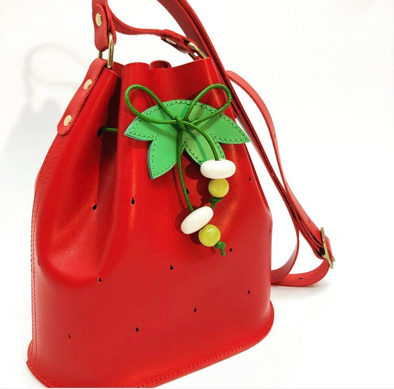 Strawberry red leather bucket bag, La Lisette fruit bag image 5