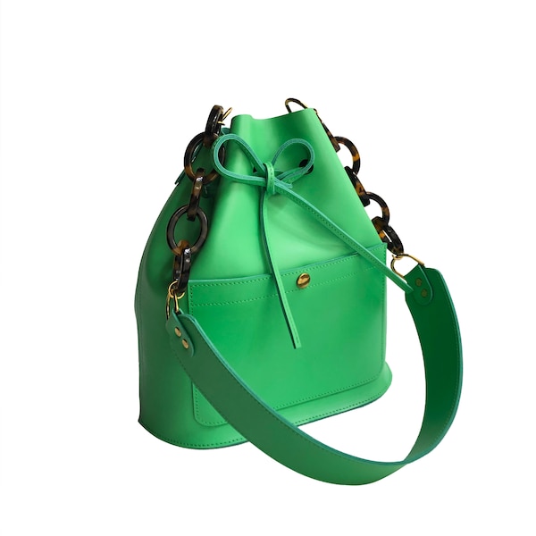 Leather bucket bag green, vivid green La Lisette shoulder bag woman’s