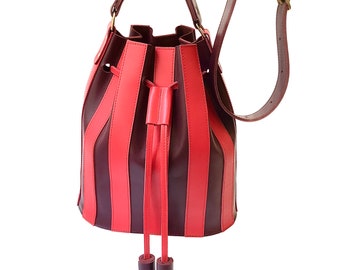 Handmade striped burgundy and red leather bucket bag La Lisette