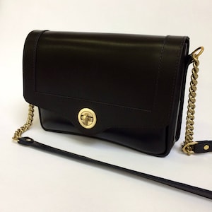 Black leather bag, brass Round lock, cross body bag, leather purse, La Lisette