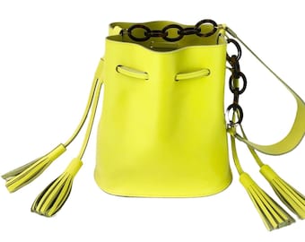 Yellow leather Bucket bag with Tassles