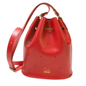 Strawberry red leather bucket bag, La Lisette fruit bag image 4