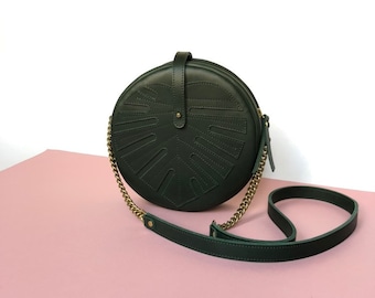 Leather bag Monstera, Handmade circle bag, La Lisette womens Bag