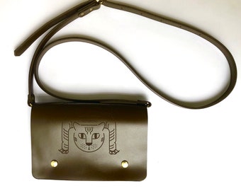 Tiger rug laser engraved leather bag, handcrafted crossbody purse.