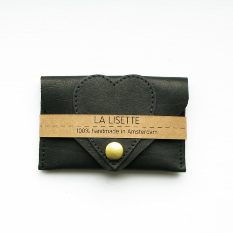 Noir porte-cartes en cuir avec coeur, pochette, carte de débit image 1