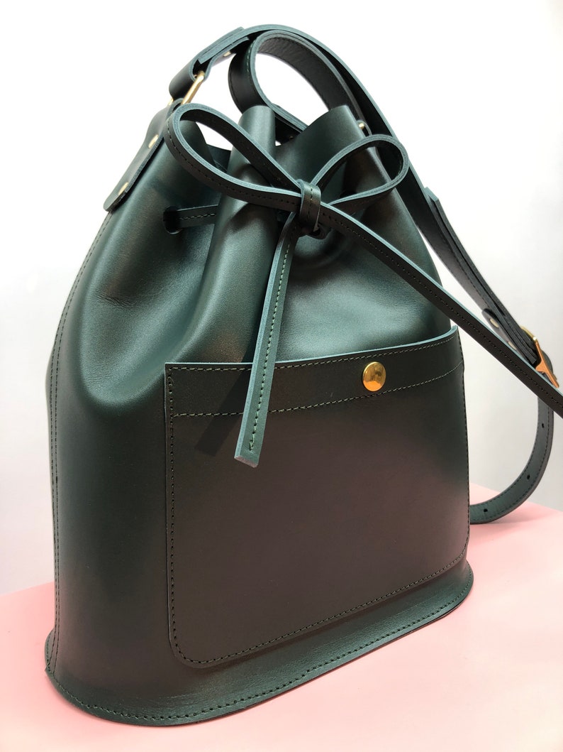 La Lisette Leather bucket bag Forest green shoulder bag womens bag green leather bag image 4