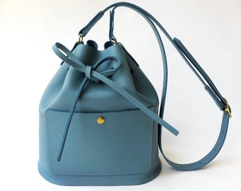Handmade Leather Bucket Bag: Blue Denim Crossbody Purse