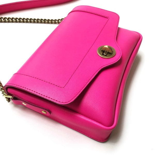 Leather bag neon pink, handmade, perfect gift, crossbody purse, la lisette women's purse