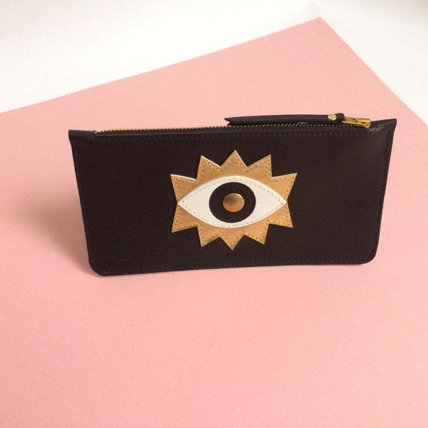 Leather wallet with geomatric Eye application, La Lisette cosmetic case, make up case, pencil case