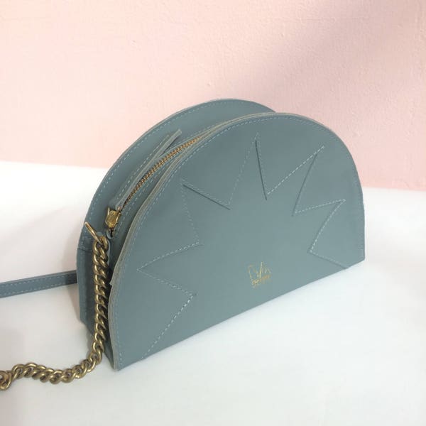 La Lisette half moon leather bag, Pastel blue zig zag, shoulder bag, Pale Blue, Grey blue, denim blue