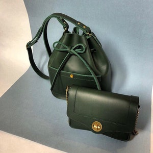 La Lisette Leather bucket bag Forest green shoulder bag womens bag green leather bag image 3